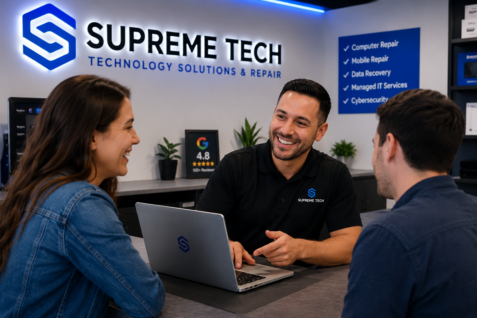 Supreme Tech technician consulting with customers in the Rancho Cucamonga store